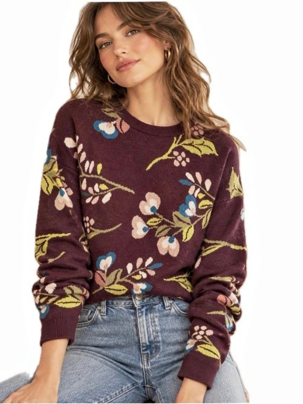 Maeve Floral Crew Neck Sweater in Purple Size Medium Like New